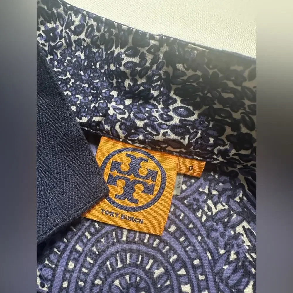 Tory Burch Blue White Print Cotton Tunic‎ Blouse Size 0 EUC Classic Resort Style